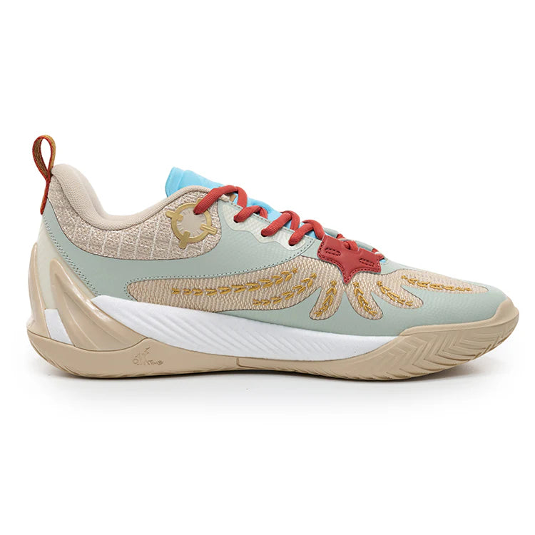 Men's basketball shoe, beige and light blue upper with red laces and logo detail