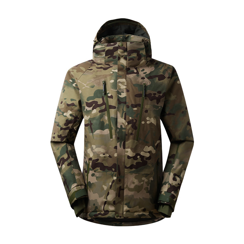 Camouflage insulated down jacket with adjustable hood, full zip, and two front pockets