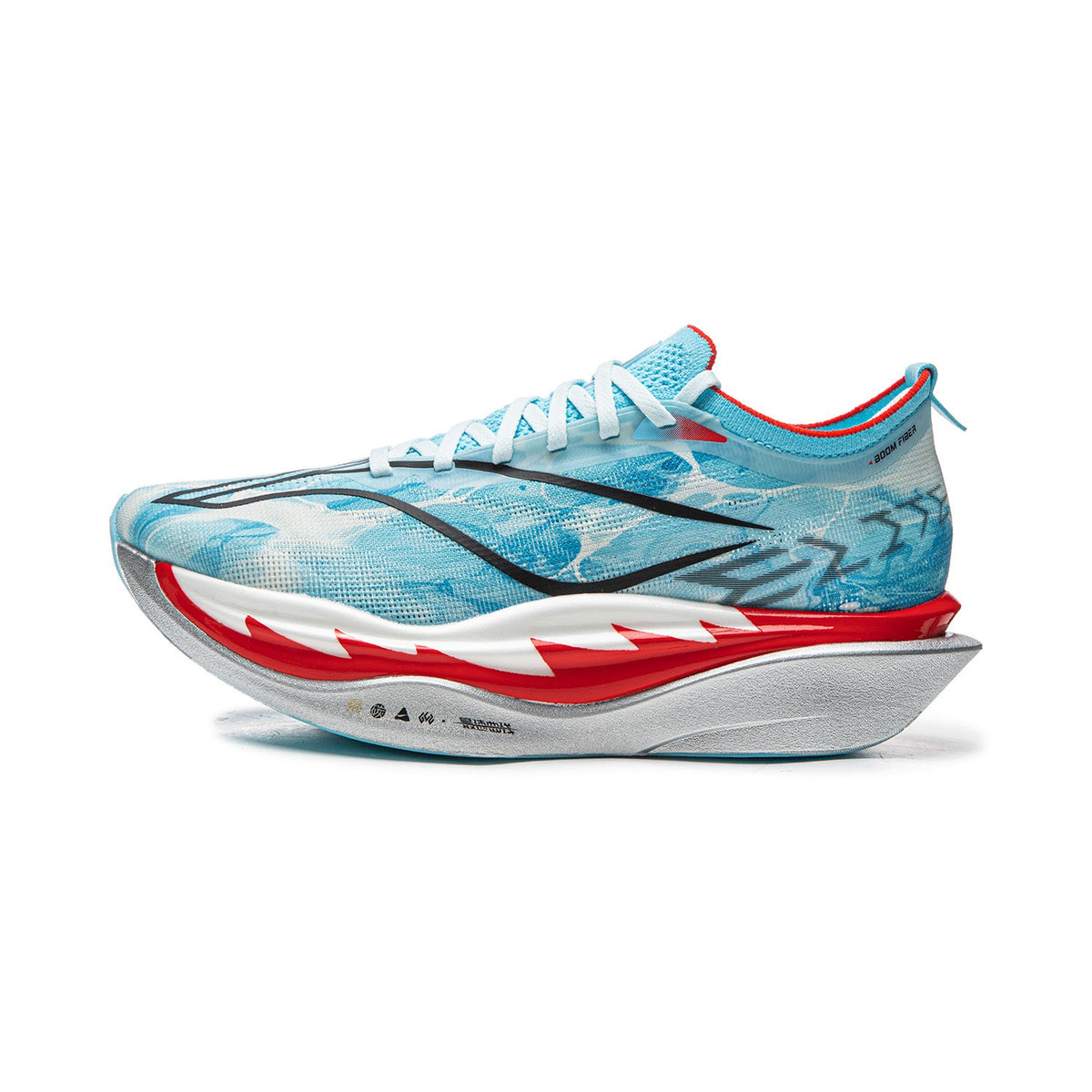 Unisex carbon plate running shoe in blue and white, front 3/4 side view