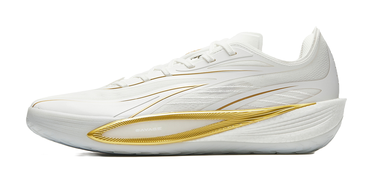 Men's white low-top basketball shoes with gold side stripe and lace-up design