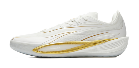 Men's white low-top basketball shoes with gold side stripe and lace-up design