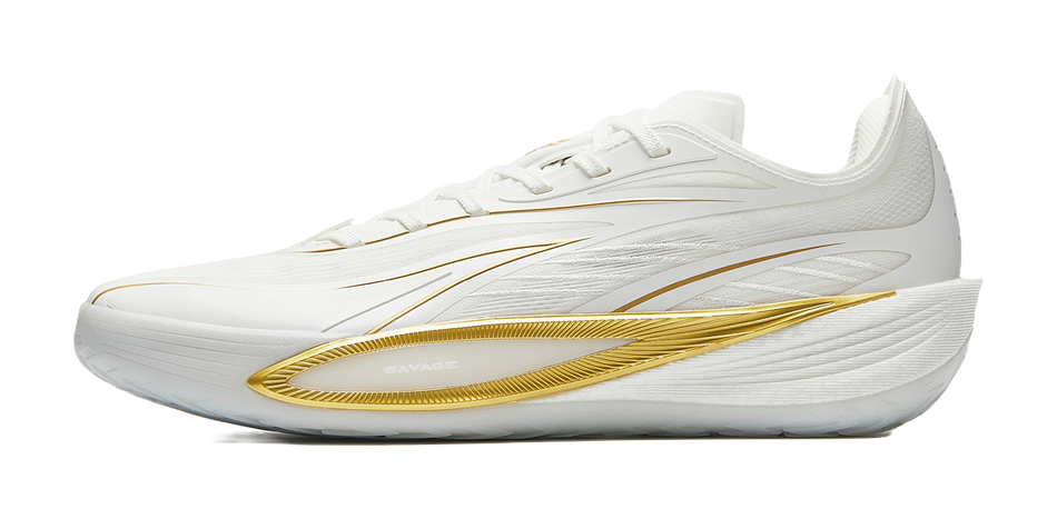Men's white low-top basketball shoes with gold side stripe and lace-up design