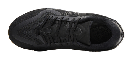 Black lace-up basketball shoe from above, textured panels and logo detail