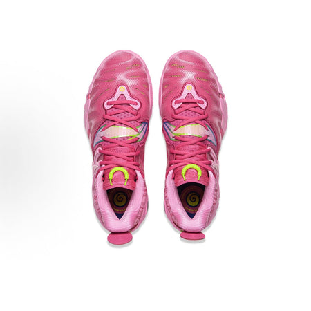 Pair of unisex pink basketball shoes with lace-up tongues and lime-green eyelet details