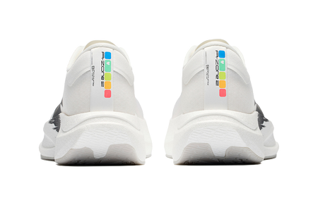 Men's low-top running shoes, white rear view with multicolor heel tab and cushioned sole