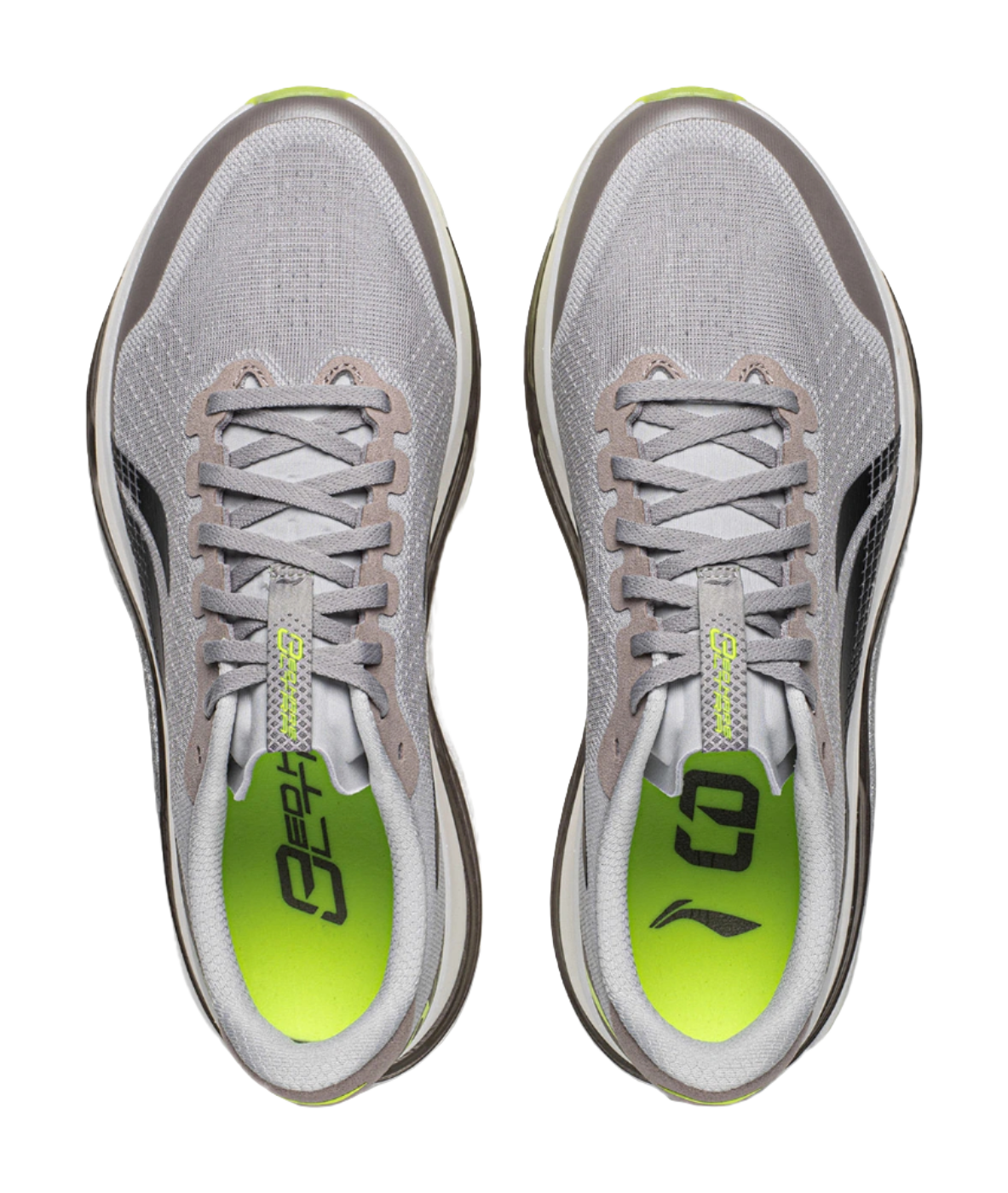 Men's running shoes pair, gray knit uppers with lace-up front and neon-lime insoles