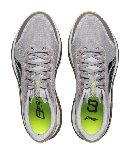 Men's running shoes pair, gray knit uppers with lace-up front and neon-lime insoles