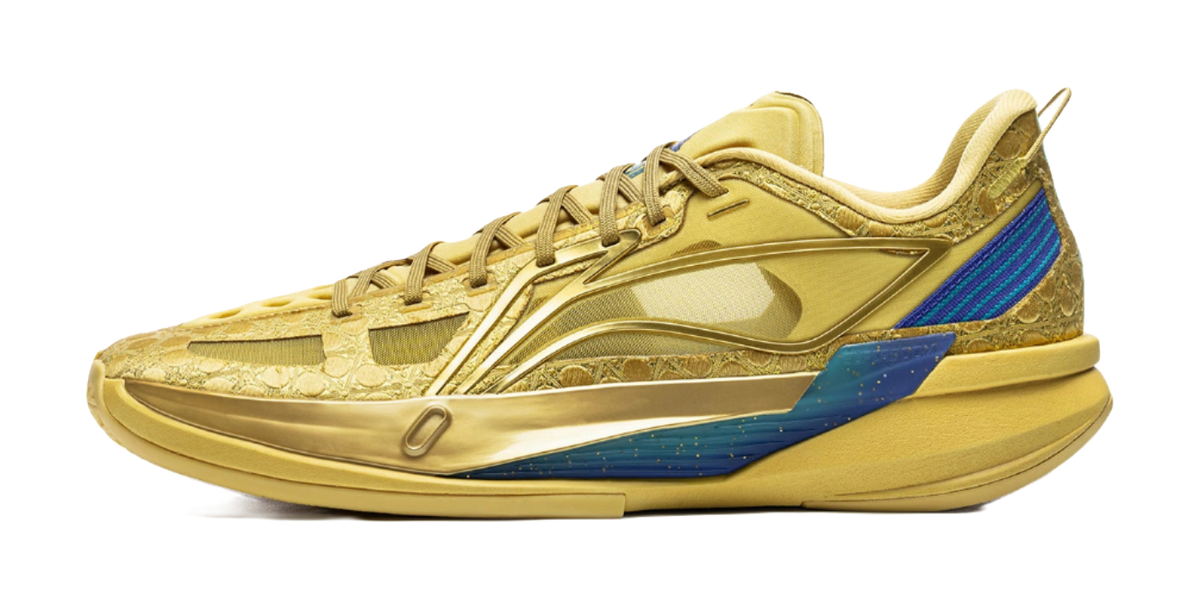Li-Ning men's low-top basketball shoes in bright gold with blue side accents