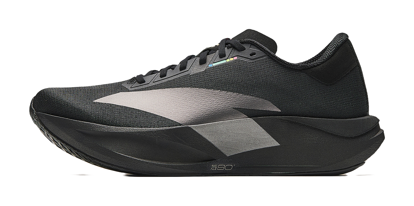 Men's low-top racing running shoes in black with gray panels and lace-up closure