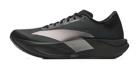 Men's low-top racing running shoes in black with gray panels and lace-up closure