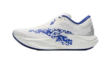 White and blue low-top running sneakers with lace-up front and side crest graphic