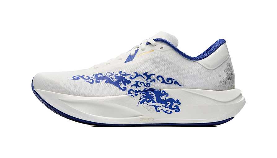 White and blue low-top running sneakers with lace-up front and side crest graphic