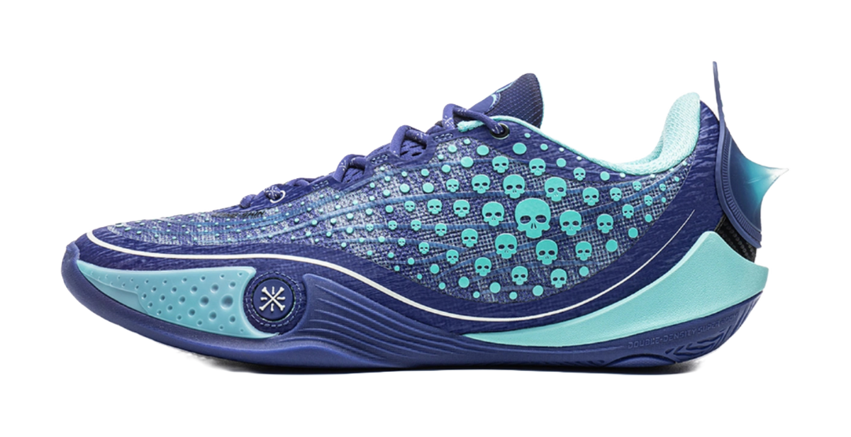 Men's low-top basketball shoe in shadow purple and aqua, skull-pattern knit upper