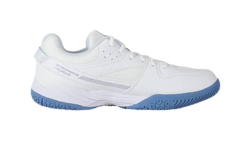 Unisex low-top badminton shoes, white upper with blue heel and outsole trim.