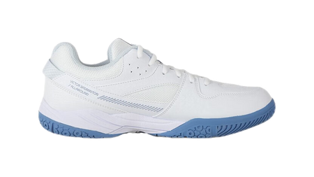 Unisex low-top badminton shoes, white upper with blue heel and outsole trim.