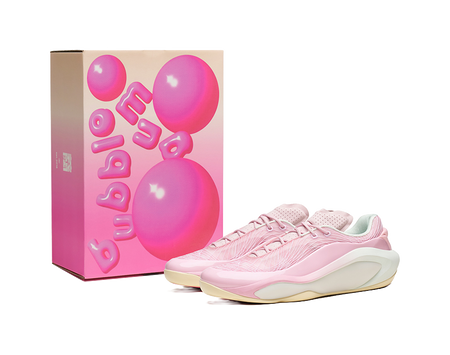 Men's bubble gum pink basketball shoe with matching retail box