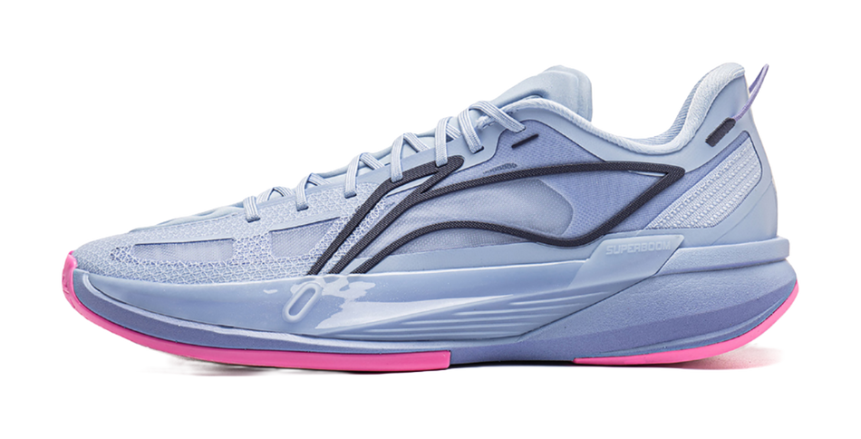 Men's low-top basketball shoes in light blue with black swoosh logo and pink outsole.