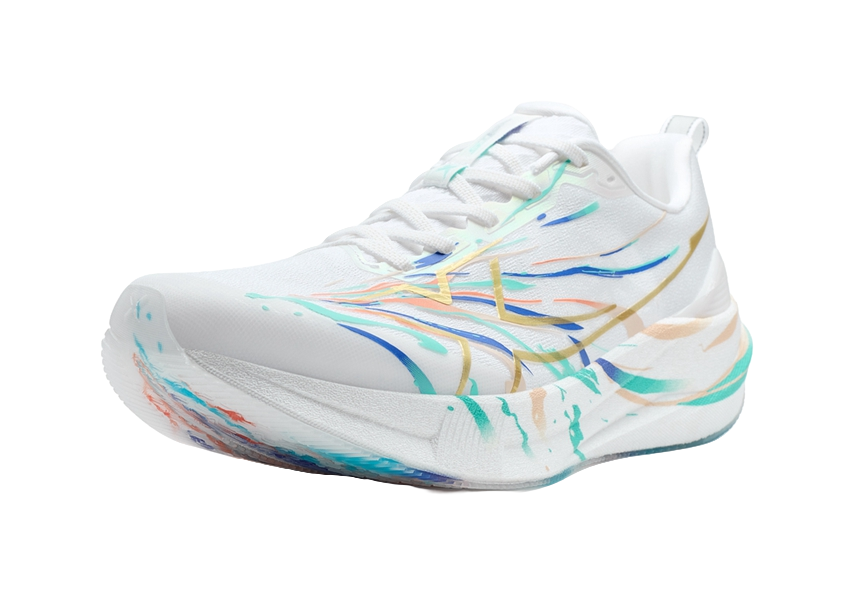 Xtep unisex running shoes, white knit upper with colorful splash lines and laces