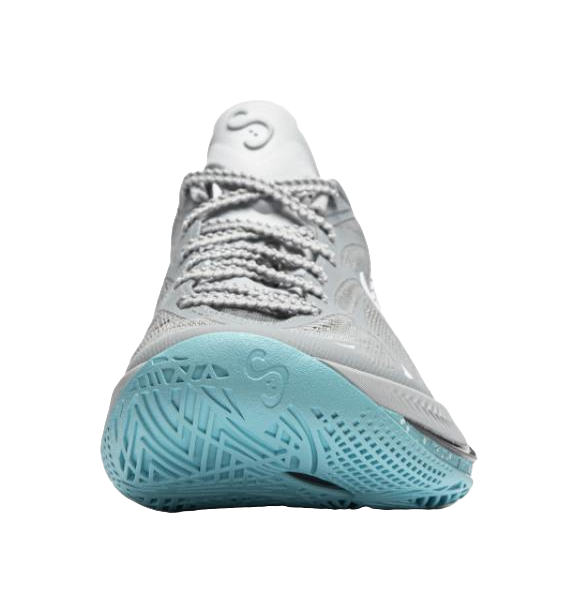 Gray basketball shoes with teal rubber outsole and lace-up upper, rear view