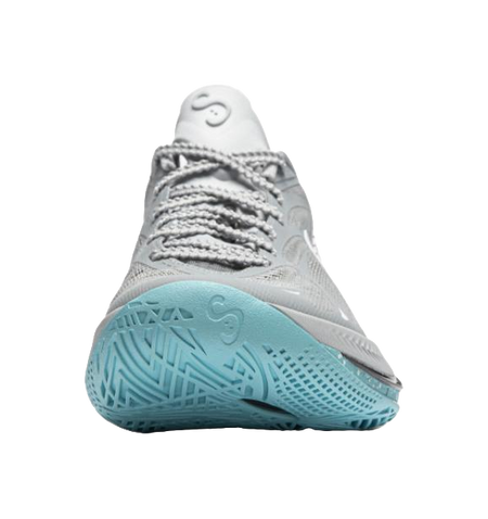 Gray basketball shoes with teal rubber outsole and lace-up upper, rear view