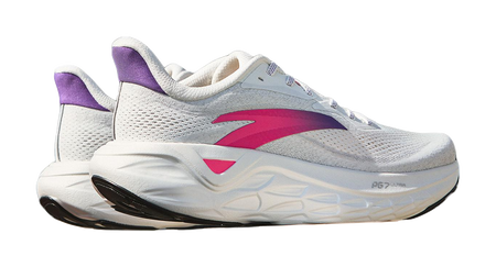 Men's low-top running shoes in light gray/white with bright pink and purple overlays