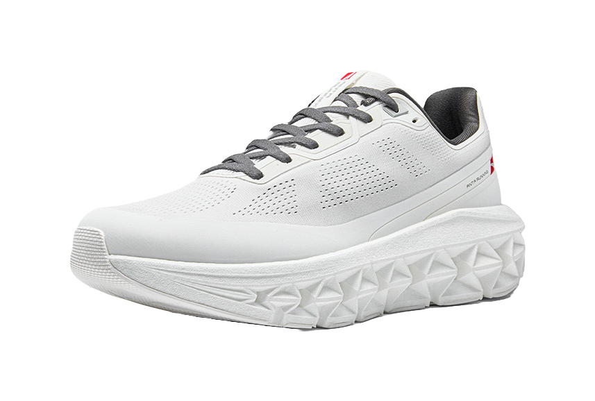 Mens low-top running shoes, white upper with gray details and dark laces