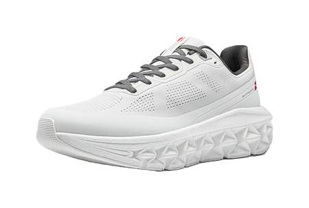 Mens low-top running shoes, white upper with gray details and dark laces