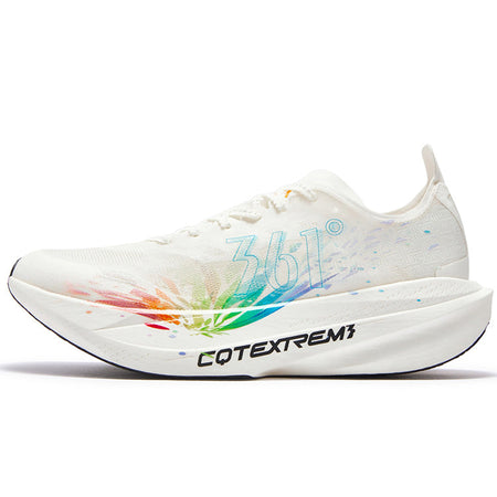 White running shoe with blue graphic, lace-up, cushioned midsole, side logo
