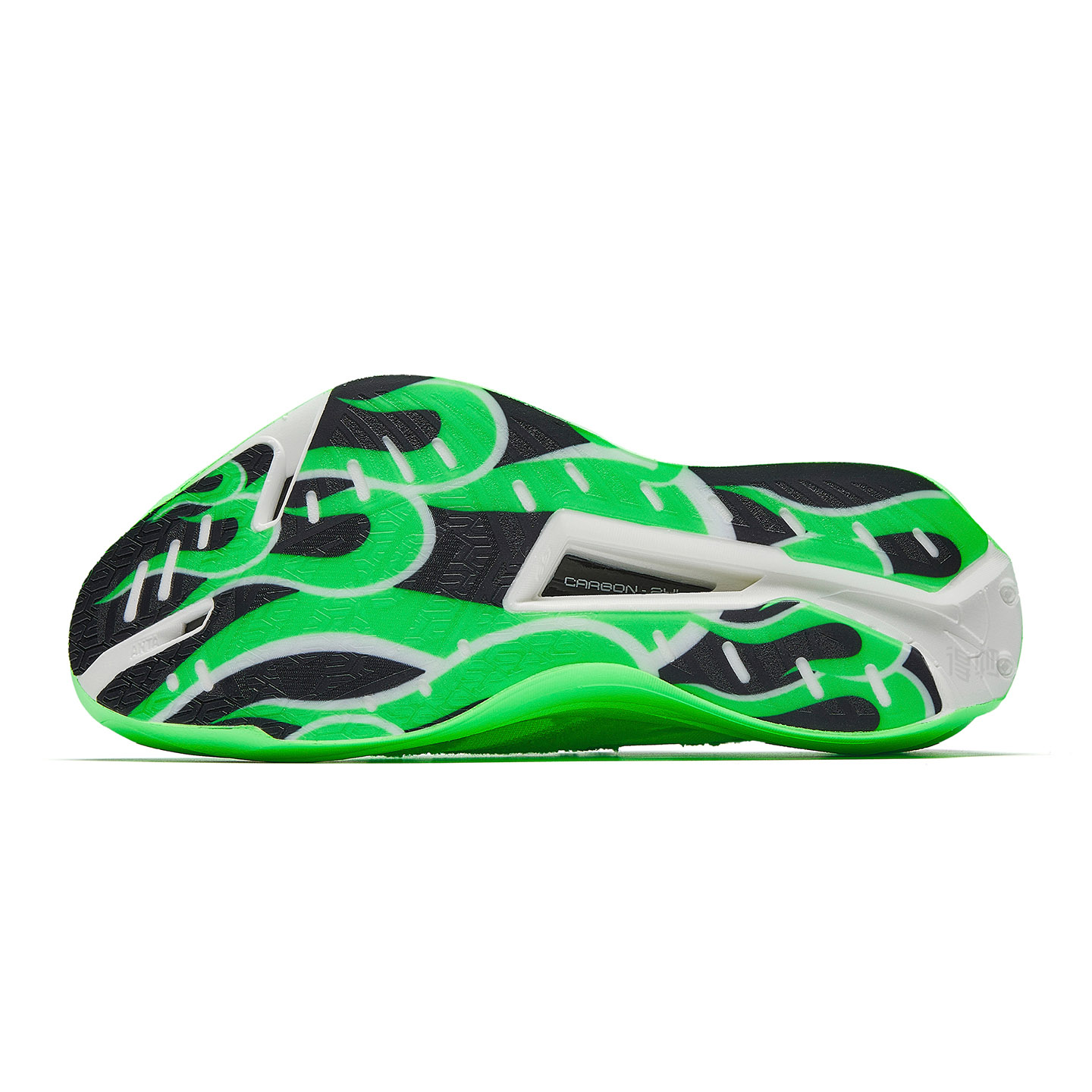 Marathon racing shoe outsole, green and black traction pattern with white midfoot panel.