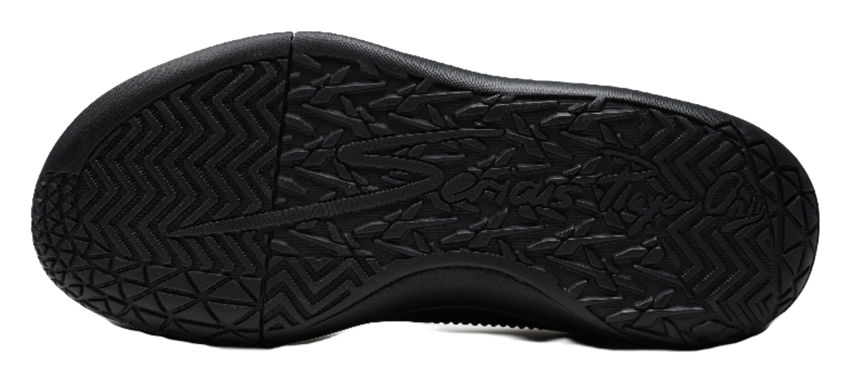 Black rubber basketball shoe outsole with multidirectional tread pattern.
