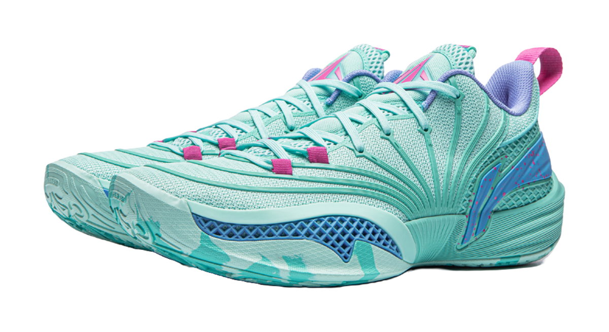 Turquoise basketball shoe with patterned mesh, pink accents, and blue sole