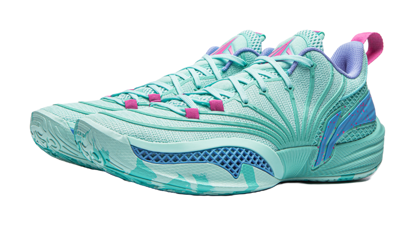 Turquoise basketball shoe with patterned mesh, pink accents, and blue sole