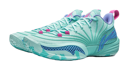 Turquoise basketball shoe with patterned mesh, pink accents, and blue sole