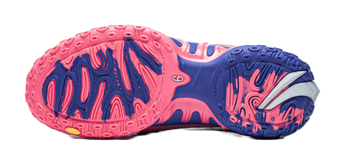 Unisex basketball shoe outsoles, blue tread with pink and white pattern