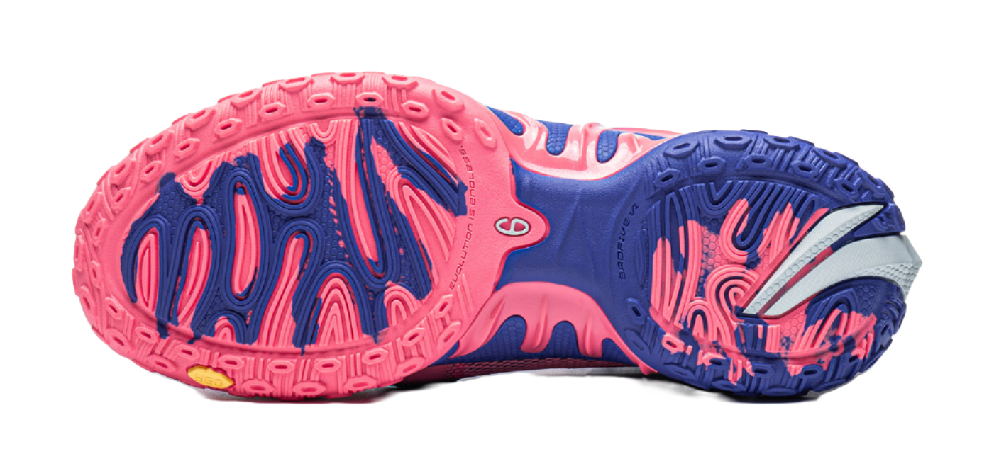 Unisex basketball shoe outsoles, blue tread with pink and white pattern