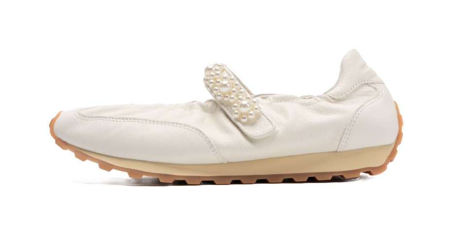 Women's white Mary Jane shoes with pearl-embellished strap and cushioned sole