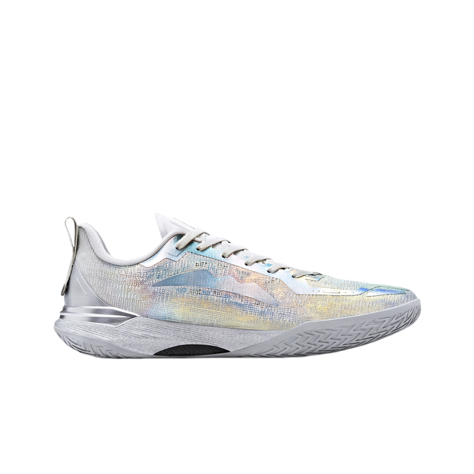 Unisex silver knit basketball shoe with lace-up front and blue iridescent overlays