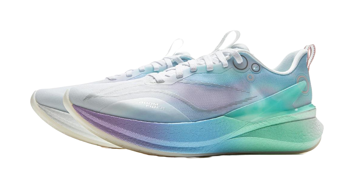 White and pastel lace-up running shoe front-quarter view with foam midsole.