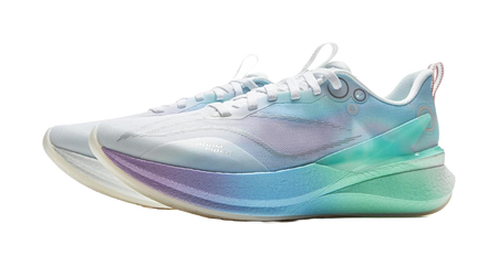 White and pastel lace-up running shoe front-quarter view with foam midsole.