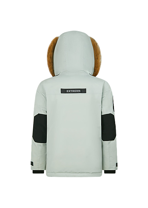 Light gray back view down jacket with faux-fur hood and black sleeve panels.