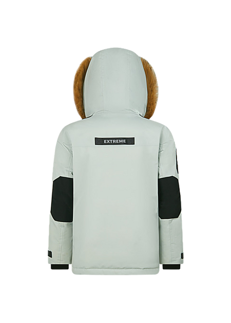 Light gray back view down jacket with faux-fur hood and black sleeve panels.