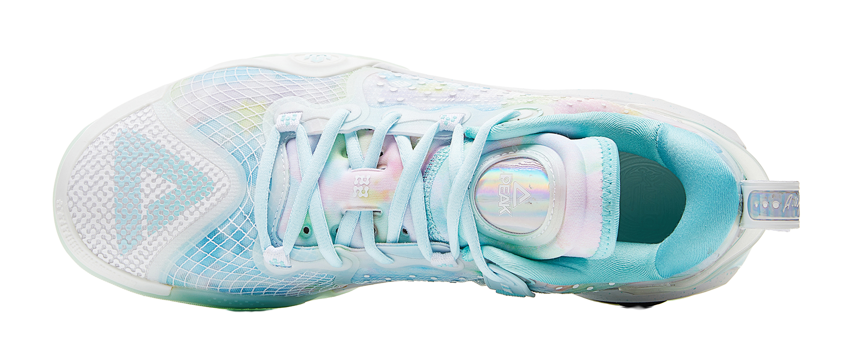 Light blue basketball shoe upper with lace area, pastel accents, and white toe box