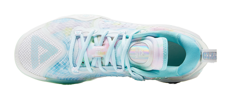 Light blue basketball shoe upper with lace area, pastel accents, and white toe box
