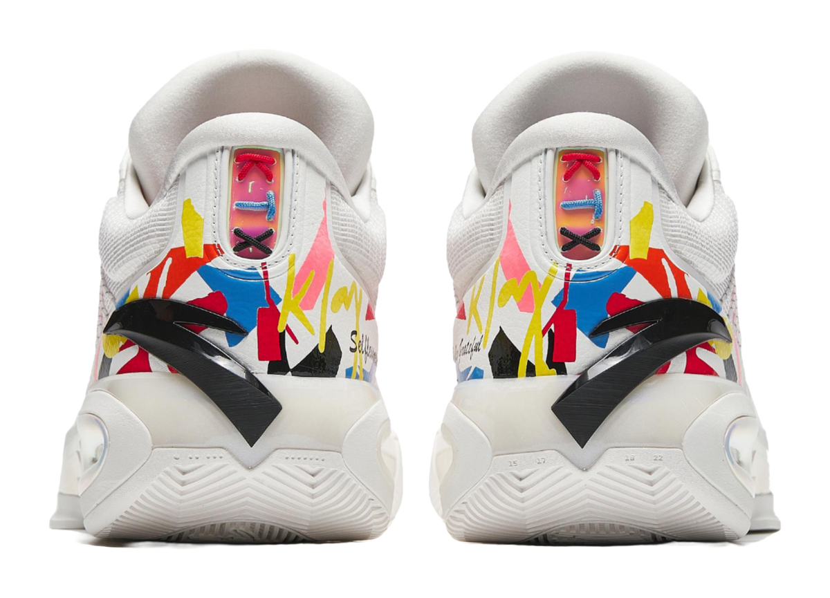 ANTA Klay Thompson basketball shoes, white backs with multicolor heel graffiti and logo