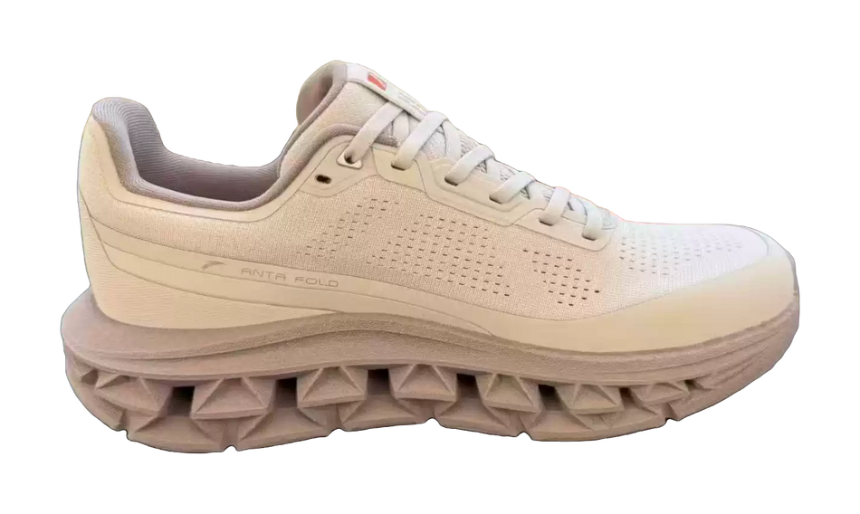 Anta Fold H1 running shoe, beige 3/4 view with lace-up and sculpted tread midsole.