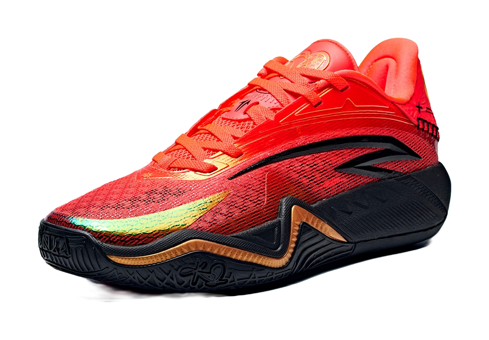 Red low basketball sneaker with black outsole and zigzag side logo detail.