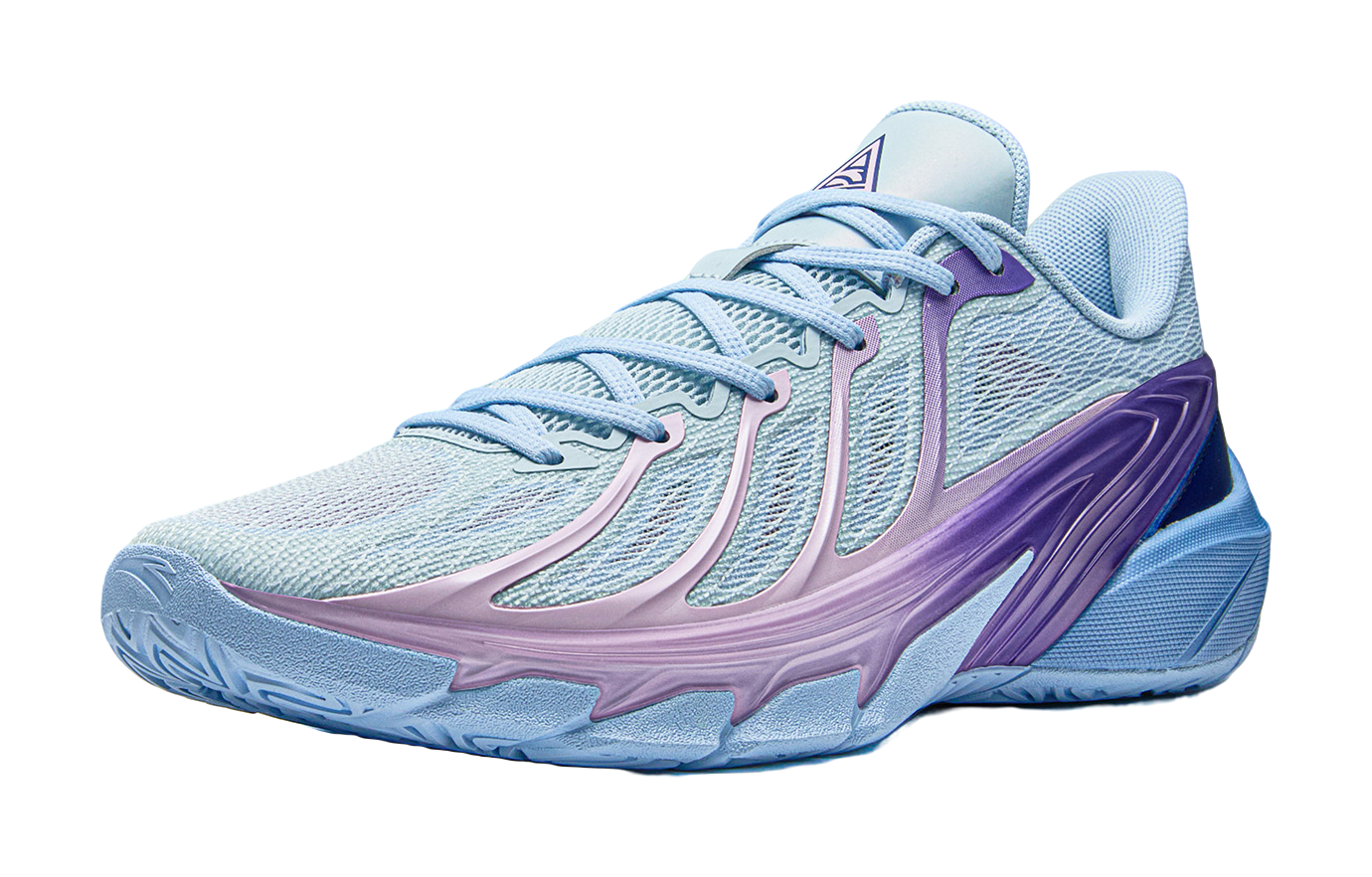 Anta men's low-top basketball shoes, light blue knit upper with purple side