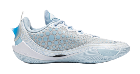 Ice blue low basketball shoe side view with textured, dot-patterned upper