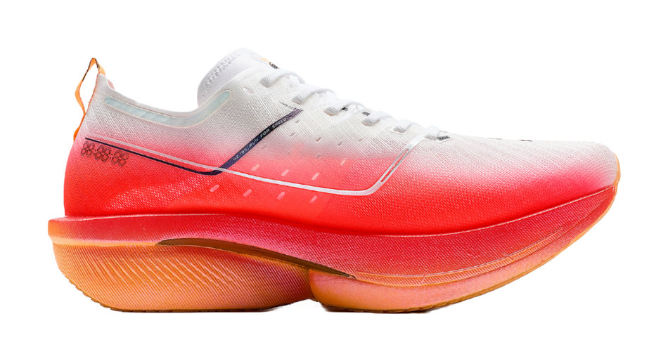 Men's low-top running shoes, white knit upper with red gradient panels and orange outsole
