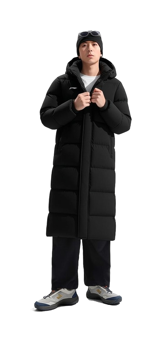 Black hooded long puffer down jacket on model, zip front with thick insulated panels.
